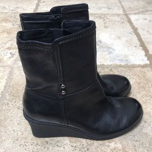 Black Leather Wedge Booties, New, No Tags